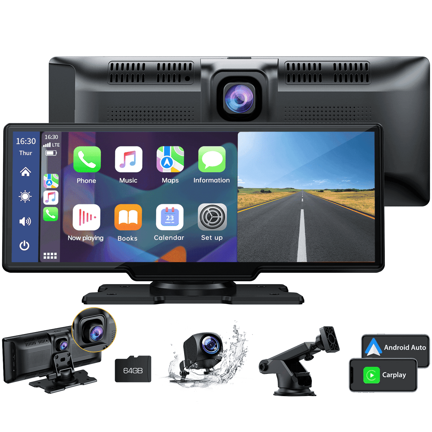 Lamtto 10.26" Wireless Carplay and Android Auto, 2.5K +1080P Dash Cam, Portable Carplay Screen for Car GPS Navigation, Car Stereo Receiver with Bluetooth, Airplay, Google, Siri