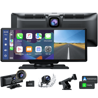 Lamtto 10.26" Wireless Carplay and Android Auto, 2.5K +1080P Dash Cam, Portable Carplay Screen for Car GPS Navigation, Car Stereo Receiver with Bluetooth, Airplay, Google, Siri