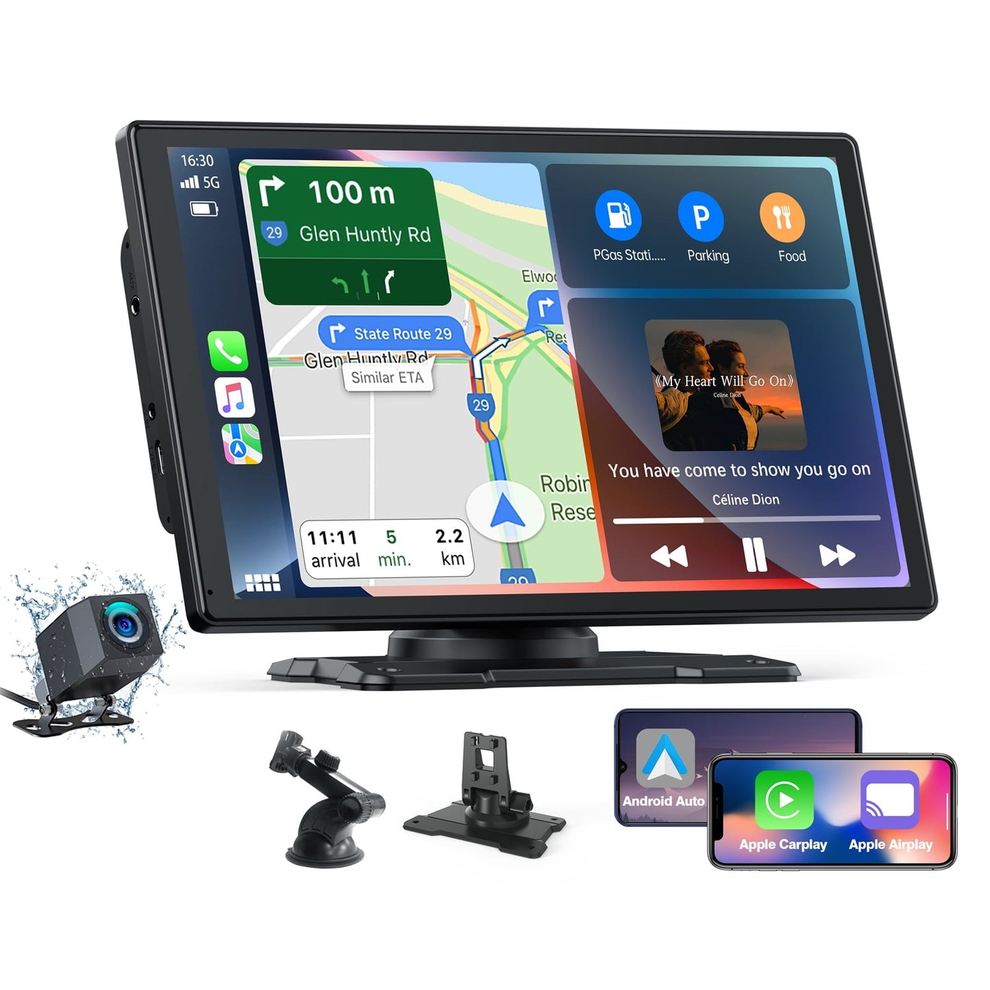 Lamtto 9 inch Wireless Apple Carplay and Android Auto,Portable Touch Screen Car Stereo, with Bluetooth, FM, GPS Navigation, Siri, 1080P Backup Camera