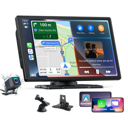 Lamtto 9 inch Wireless Apple Carplay and Android Auto,Portable Touch Screen Car Stereo, with Bluetooth, FM, GPS Navigation, Siri, 1080P Backup Camera