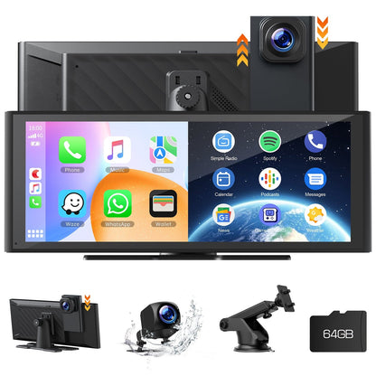 Lamtto 10.26" Wireless Carplay and Android Auto, 2.5K +1080P Dash Cam, Portable Carplay Screen for Car GPS Navigation, Car Stereo Receiver with Bluetooth, Airplay, Google, Siri