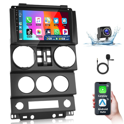 Podofo 4+64G Car Radio for Jeep Wrangler 2007 2009 2010 (4 Door) with Wireless Apple Carplay Android Auto,9" Touch Screen Car Stereo with Bluetooth/GPS/WiFi/SWC/FM&RDS Radio+AHD Backup Camera+MIC C42