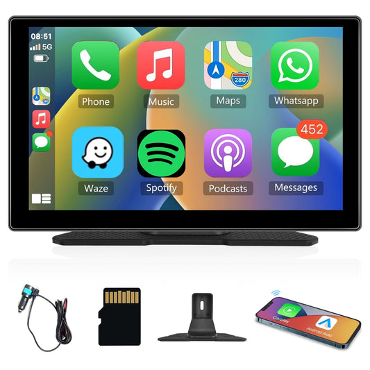 Portable Car Radio Wireless Carplay Android Auto Carplay Screen, Sovob 9'' HD Touchscreen CarPlay Screen FM Transmitter Voice Control, Bluetooth, AirPlay, Mirror Cast, AUX/FM 64G TF Card