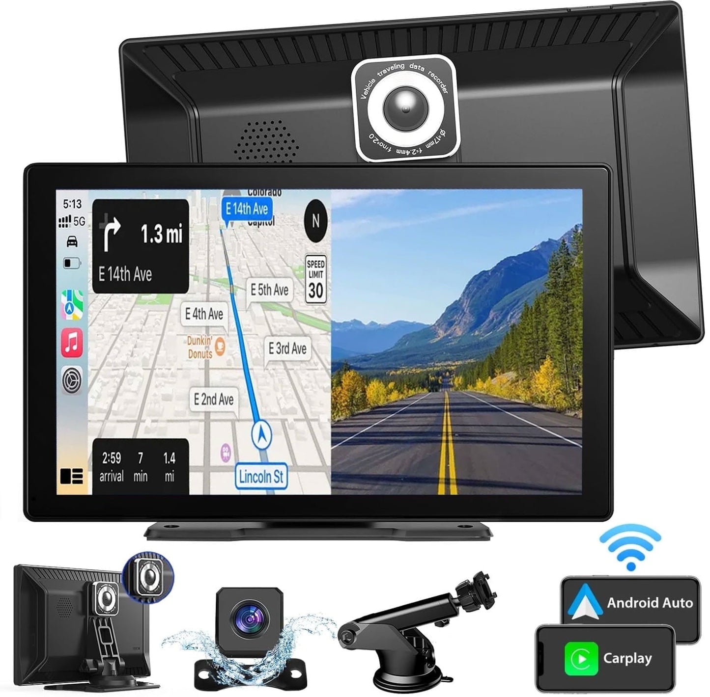 Wireless Apple CarPlay Dash Mount Portable Car Stereo, Android Auto, 9.33-Inch FHD Touchscreen Car Audio Receiver, Drivemate, Car Buddy with Voice Control, AUX/AV IN/USB, AHD Rear View Camera