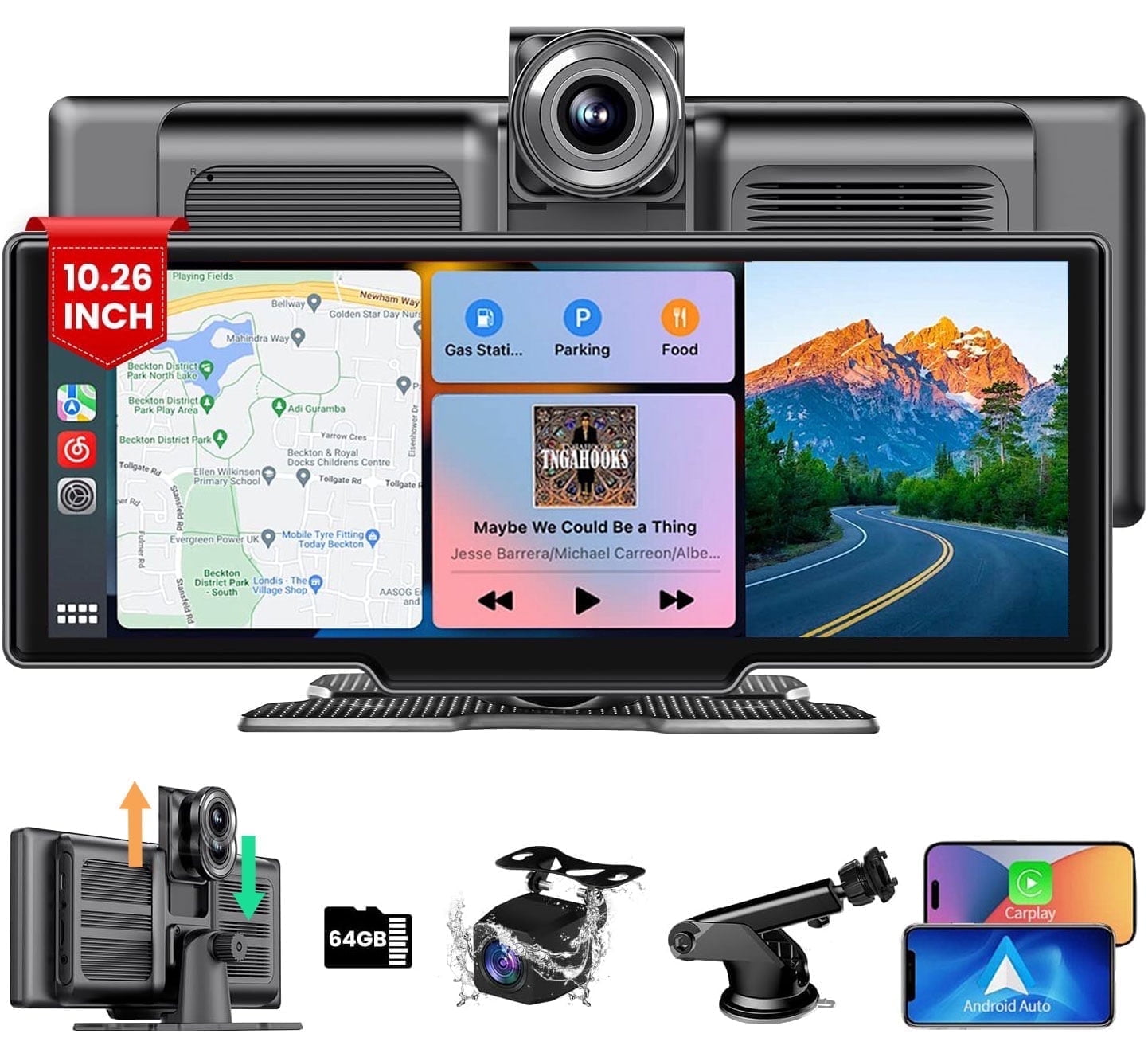 Wireless Apple CarPlay Dash Mount Portable Car Stereo, Android Auto, 9.33-Inch FHD Touchscreen Car Audio Receiver, Drivemate, Car Buddy with Voice Control, AUX/AV IN/USB, AHD Rear View Camera