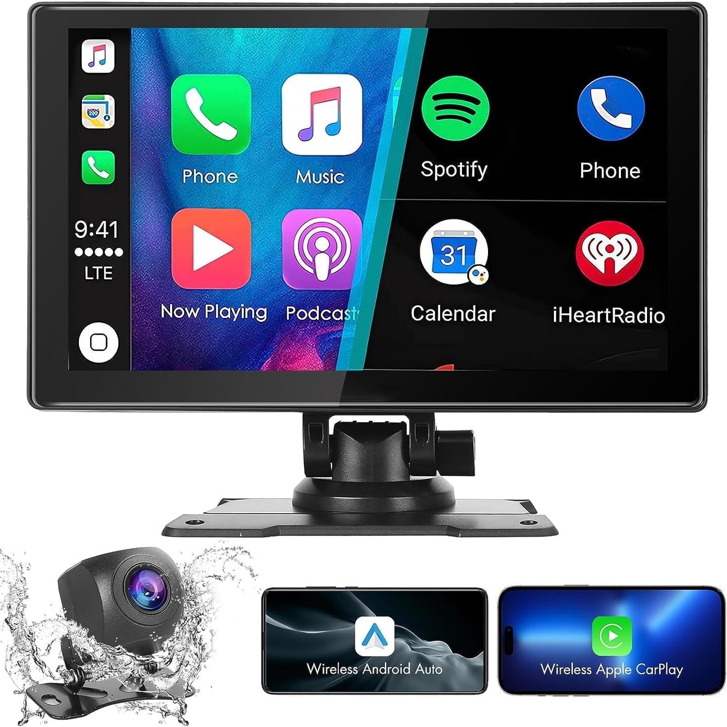 Wireless Apple CarPlay Dash Mount Portable Car Stereo, Android Auto, 9.33-Inch FHD Touchscreen Car Audio Receiver, Drivemate, Car Buddy with Voice Control, AUX/AV IN/USB, AHD Rear View Camera