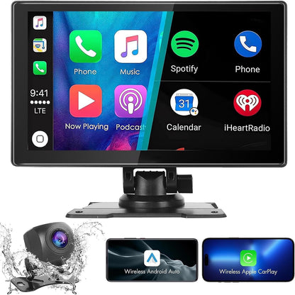 Wireless Apple CarPlay Dash Mount Portable Car Stereo, Android Auto, 9.33-Inch FHD Touchscreen Car Audio Receiver, Drivemate, Car Buddy with Voice Control, AUX/AV IN/USB, AHD Rear View Camera
