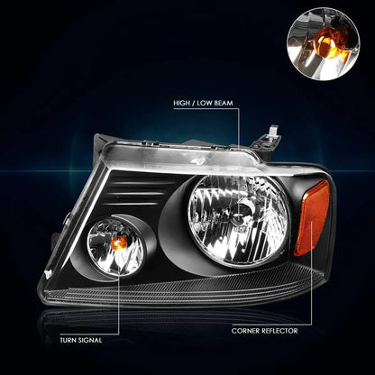 2Pcs Replacement Headlights Assembly Compatible with Ford F150 04-08/Lincoln Mark LT 06-08,Black Housing/Amber Corner