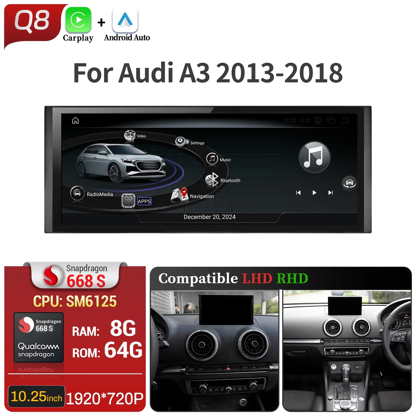 10.25 inch Android 14 For Audi A3 2013-2018 Car Radio Wireless Bluetooth Carplay Head Unit Qualcomm Snapdragon 680 Touch Screen