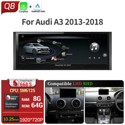 10.25 inch Android 14 For Audi A3 2013-2018 Car Radio Wireless Bluetooth Carplay Head Unit Qualcomm Snapdragon 680 Touch Screen