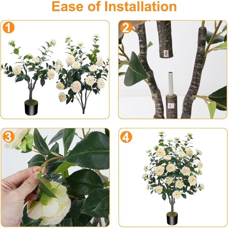 Artificial Camellia Fake Tree, Artificial Plants & Flowers with 32 Yellow Pink Flowers