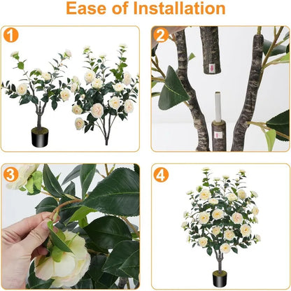 Artificial Camellia Fake Tree, Artificial Plants & Flowers with 32 Yellow Pink Flowers