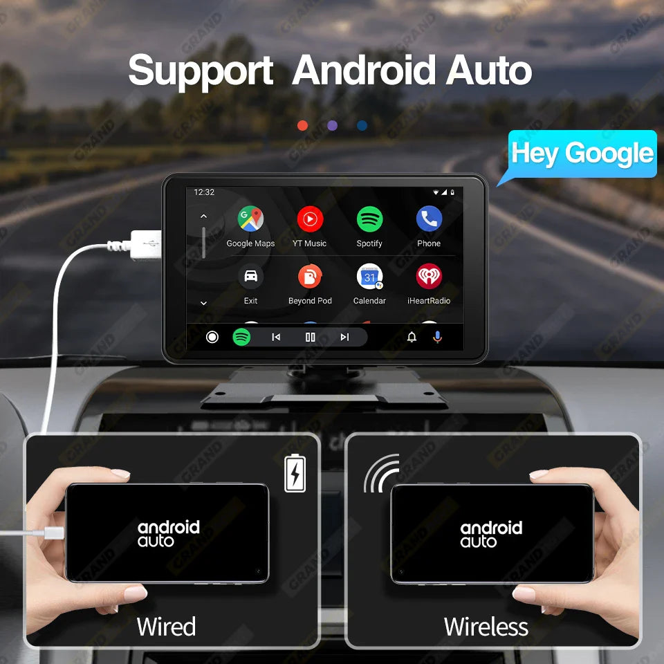 GrandNavi Universal 7inch Portable CarPlay Android Auto Car Radio Multimedia Video Player Touch Screen Bluetooth With AUX USB