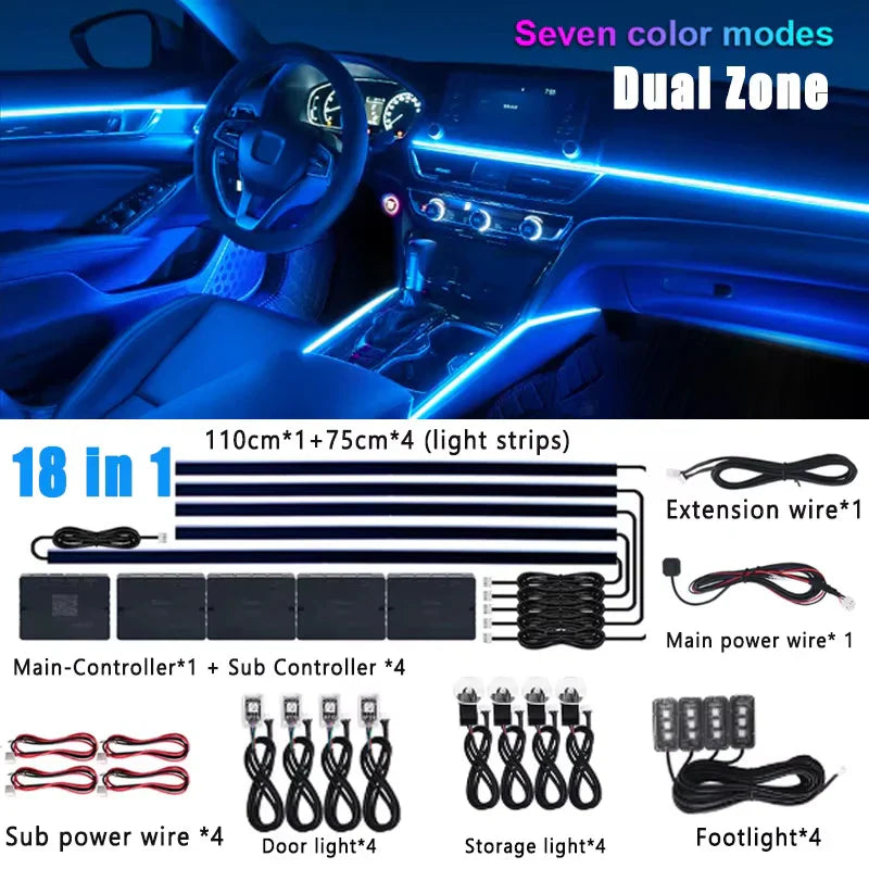 6/10/14/18/22 in 1 Led Car Hidden Ambient Light Symphony RGB 64 Color Bluetooth APP Interior Acrylic Matt Black Strip Backlight