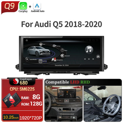 10.25 inch Android 14 For Audi Q5 2018-2020 Car Radio Wireless Bluetooth Carplay Qualcomm Snapdragon 680 Touch Head Unit Screen