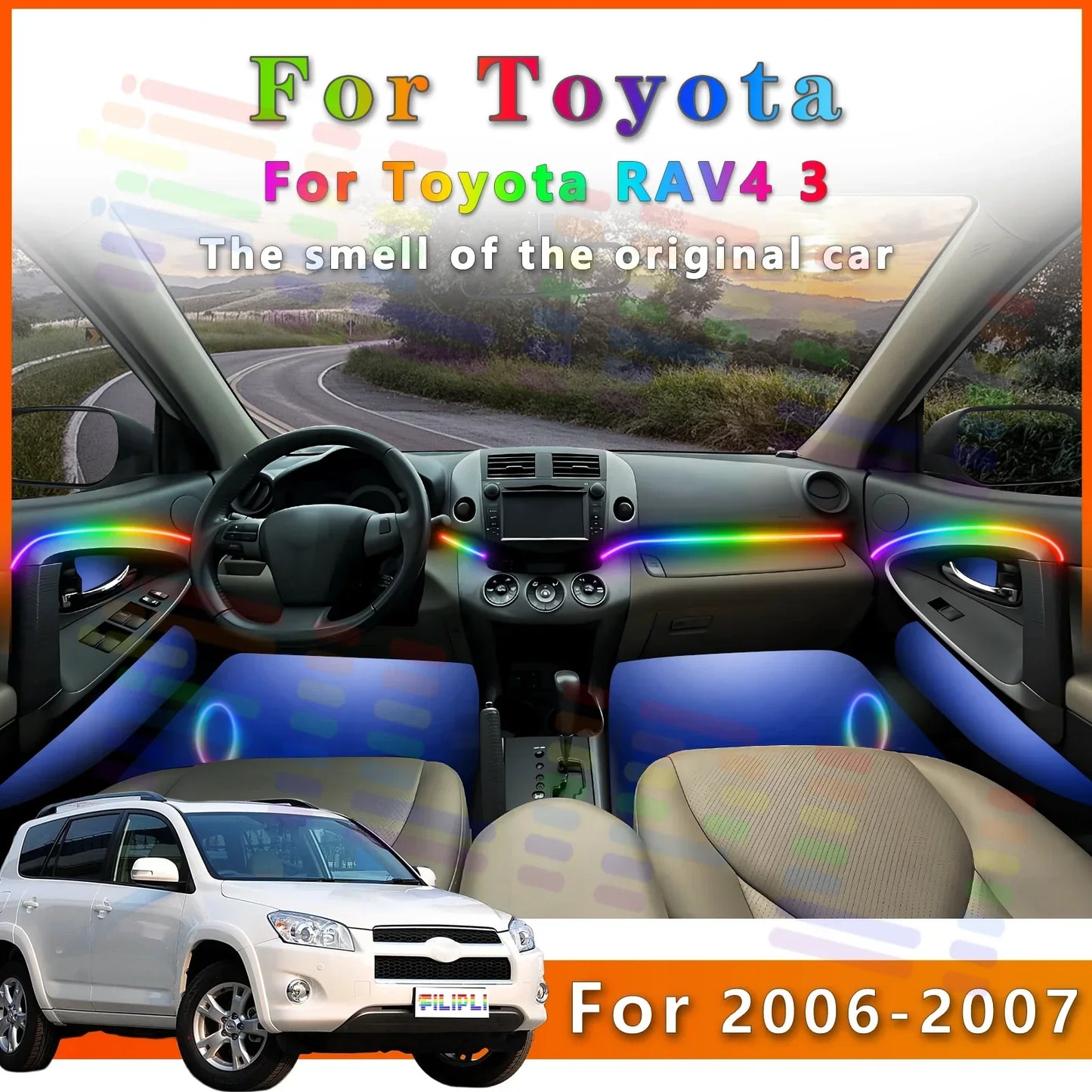 For Toyota RAV4 3 Interior RGB Symphony LED Strip with Adjustable 64 - Color Lighting Patterns and All Color Variations