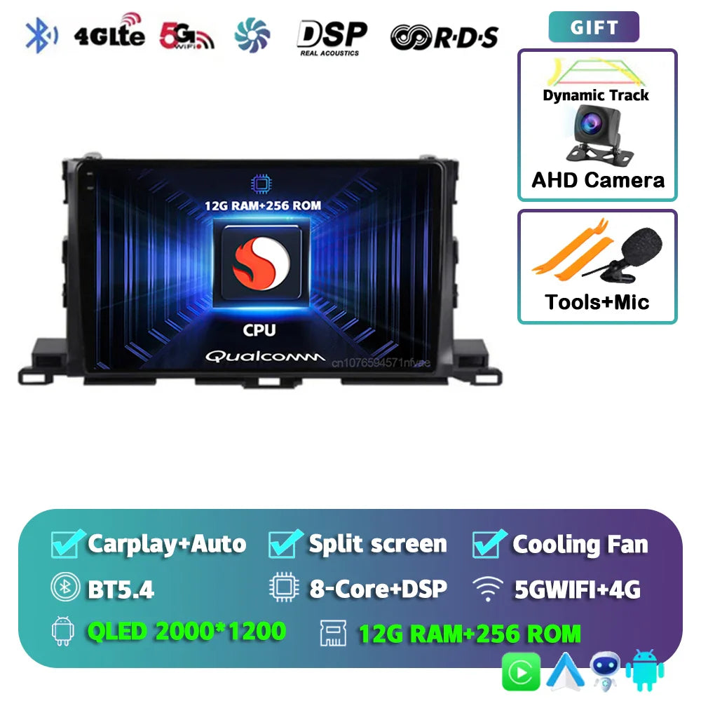 Android 14 For Toyota Highlander 3 Kluger 2013-2018 2K QLED Android Car Radio Multimedia Video Player GPS Stereo CarPlay 4G DSP