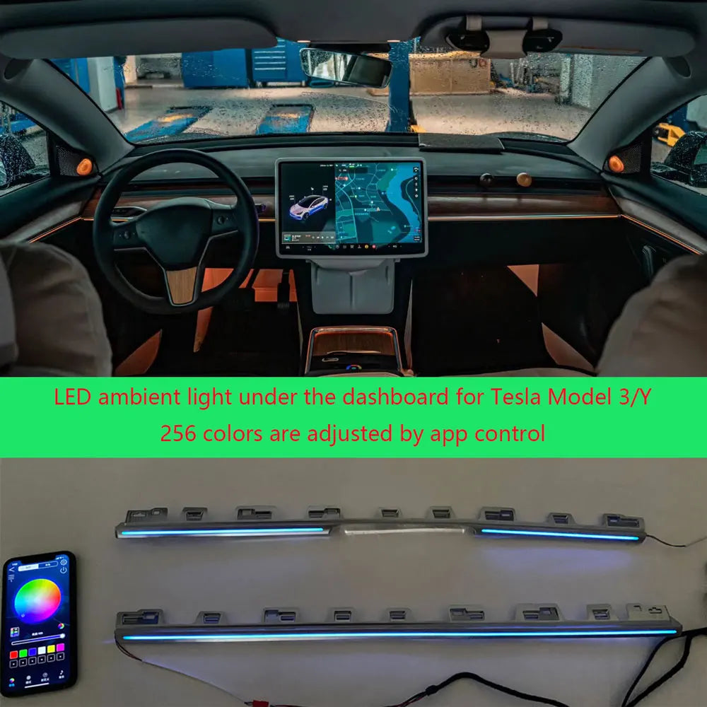For Tesla Model 3 / Y 256 color center dashboard radium engraving style LED ambient light app control adjustment ambient light
