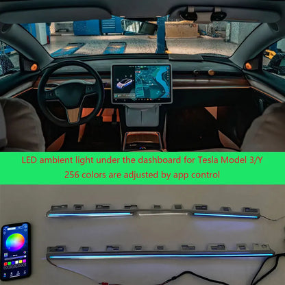 For Tesla Model 3 / Y 256 color center dashboard radium engraving style LED ambient light app control adjustment ambient light