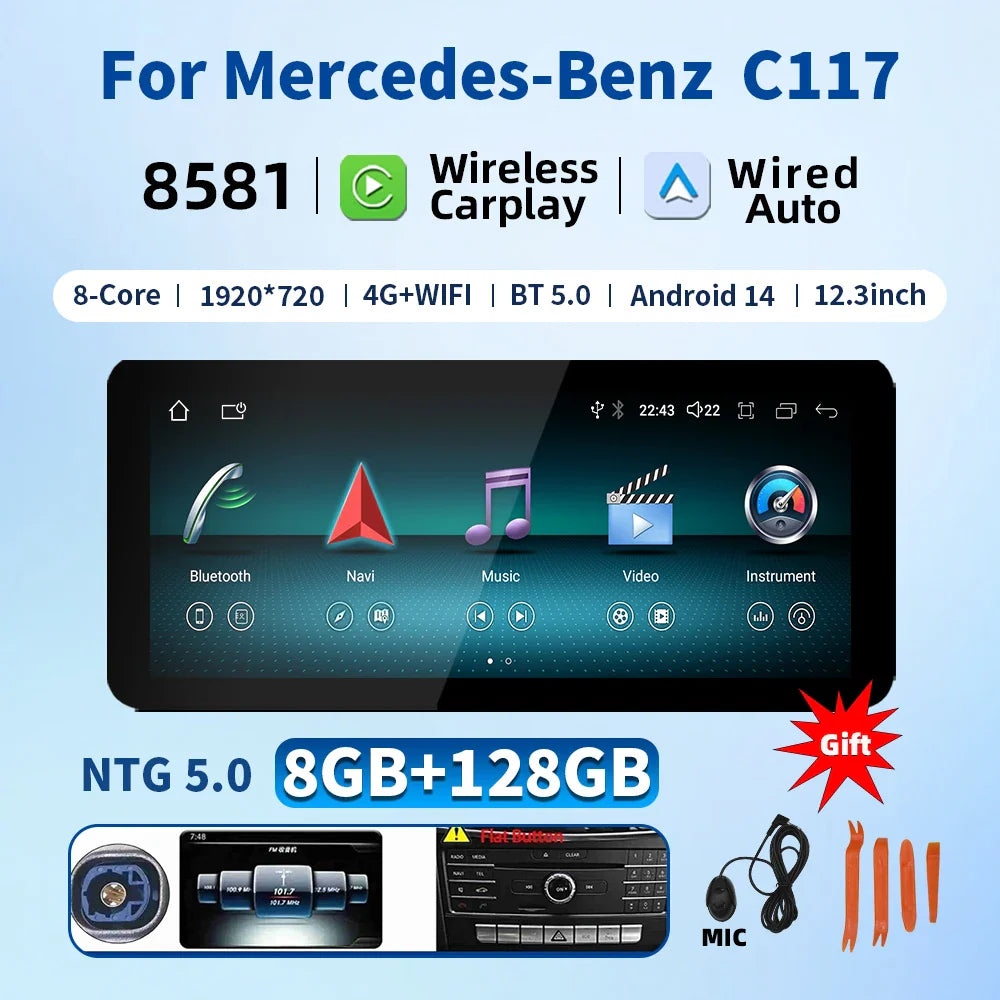 New Car Multimedia Wireless Android AUTO CarPlay 12.3inch Screen For Mercedes Benz CLA C117 Car Video Players wifi dsp 4g