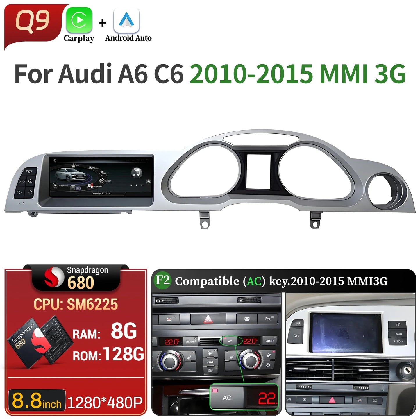 8.8 inch Right Hand Drive Android 14 For Audi A6 C6 2005-2011 Car Radio Wireless BT Carplay Qualcomm Snapdragon 680 Touch Screen