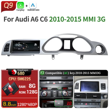 8.8 inch Right Hand Drive Android 14 For Audi A6 C6 2005-2011 Car Radio Wireless BT Carplay Qualcomm Snapdragon 680 Touch Screen