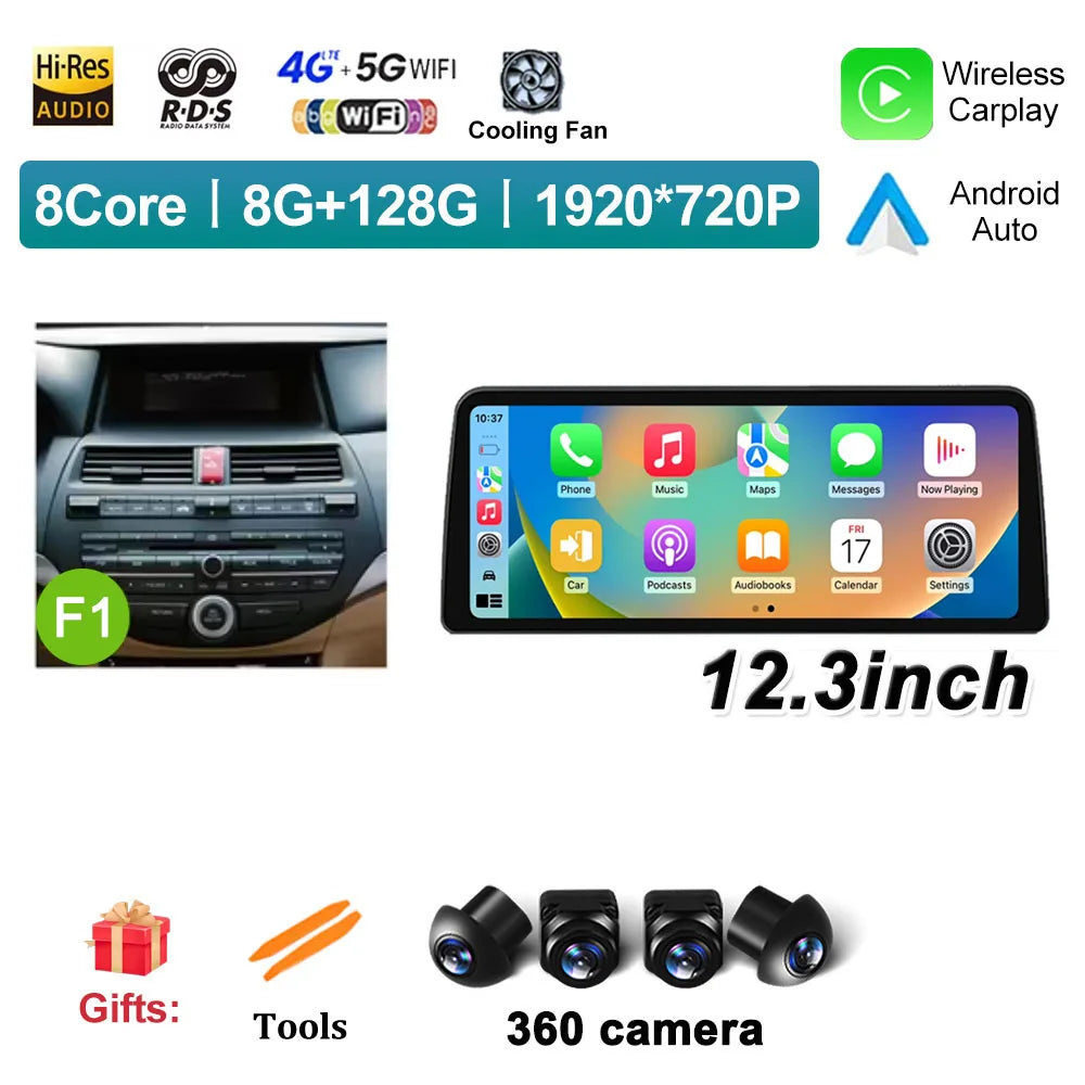 12.3 inch Android 14 for Honda Accord 8 2008 2009 - 2013 Car Multimedia Radio Player Wireless Carplay Monitor GPS Navigation BT
