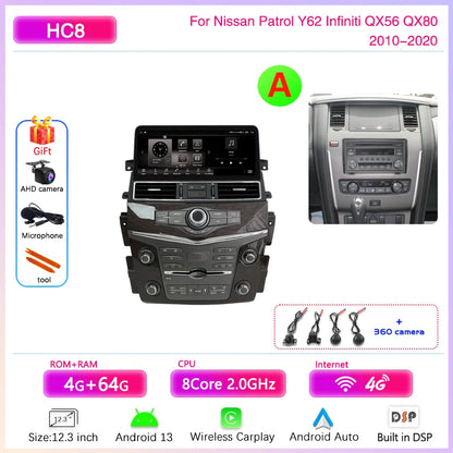12.3 " Android13 Car Multimedia Video Player For Nissan Patrol Y62 Infiniti QX56 QX80 2010-2020 GPS Navigation CarPlay Auto 4G