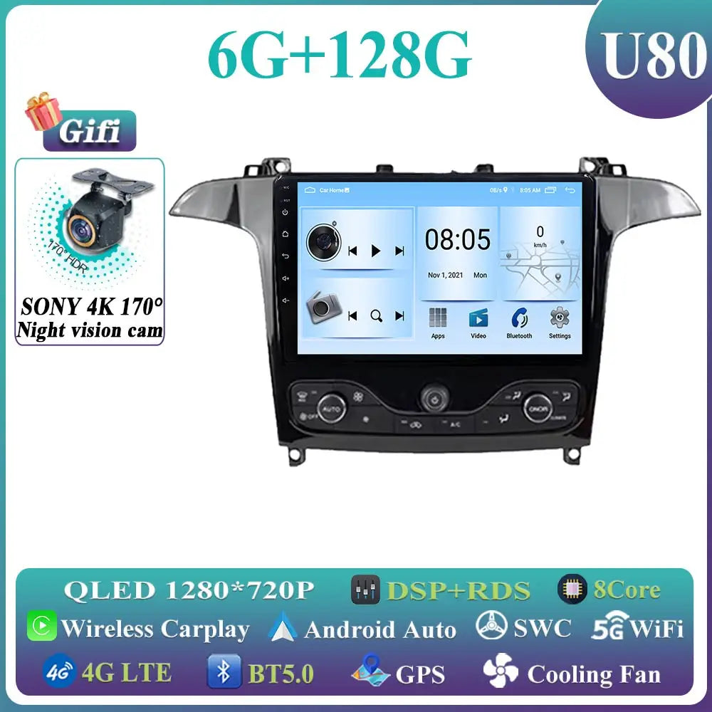 Android 14 Auto radio For Ford S Max S-MAX 2006-2015 For Ford Galaxy 2014 Carplay Multimedia Video player Navigation GPS No 2din