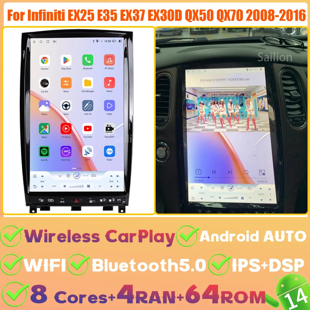 14.5" Android 14 For Infiniti EX25 E35 EX37 EX30D QX50 QX70 2008-2016 Car Radio Carplay 2.5K Screen Tesla Style Stereo 4G Player