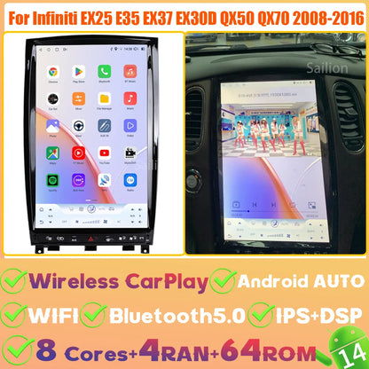 14.5" Android 14 For Infiniti EX25 E35 EX37 EX30D QX50 QX70 2008-2016 Car Radio Carplay 2.5K Screen Tesla Style Stereo 4G Player
