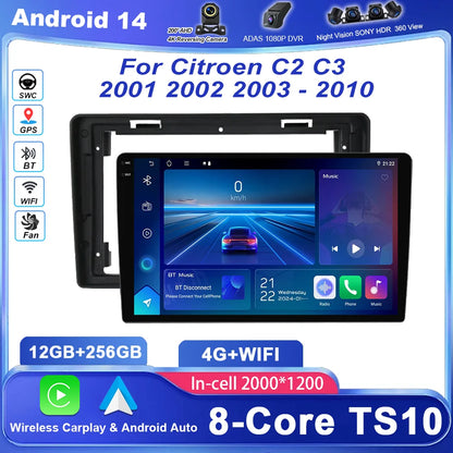 Car DVD Android 14 Radio Stereo For Citroen C2 C3 2001 2002 2003 -2010 Auto Multimedia Video Player GPS Navigation NO 2Din WIFI
