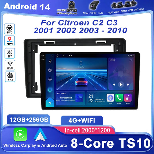 Car DVD Android 14 Radio Stereo For Citroen C2 C3 2001 2002 2003 -2010 Auto Multimedia Video Player GPS Navigation NO 2Din WIFI