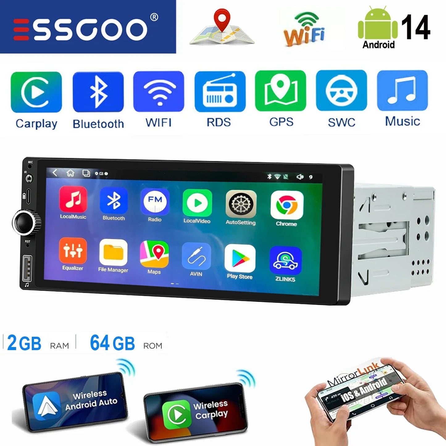 ESSGOO 6.86" Android 14 4+64G Universal Single DIN Car Stereo Radio CarPlay Android Auto BT USB SWC Wifi FM GPS Navi Mirror link