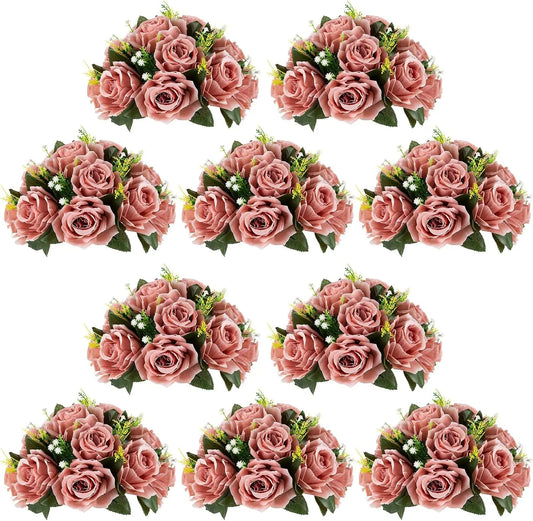 Artificial Flower Centrepieces for Tables - 10 Pcs Dusty Rose Fake Flowers Roses Balls 9.5in Diameter - Silk Faux Rose Arrangeme