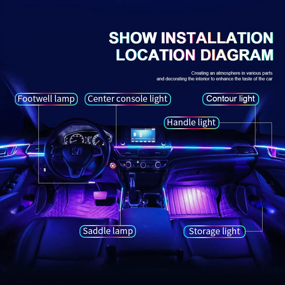 14/18 in 1 Led Car Ambient Lights RGB Symphony 213 Color Rainbow Acrylic Strips Atmosphere Lamp Kit Support One Zone Dual Zone