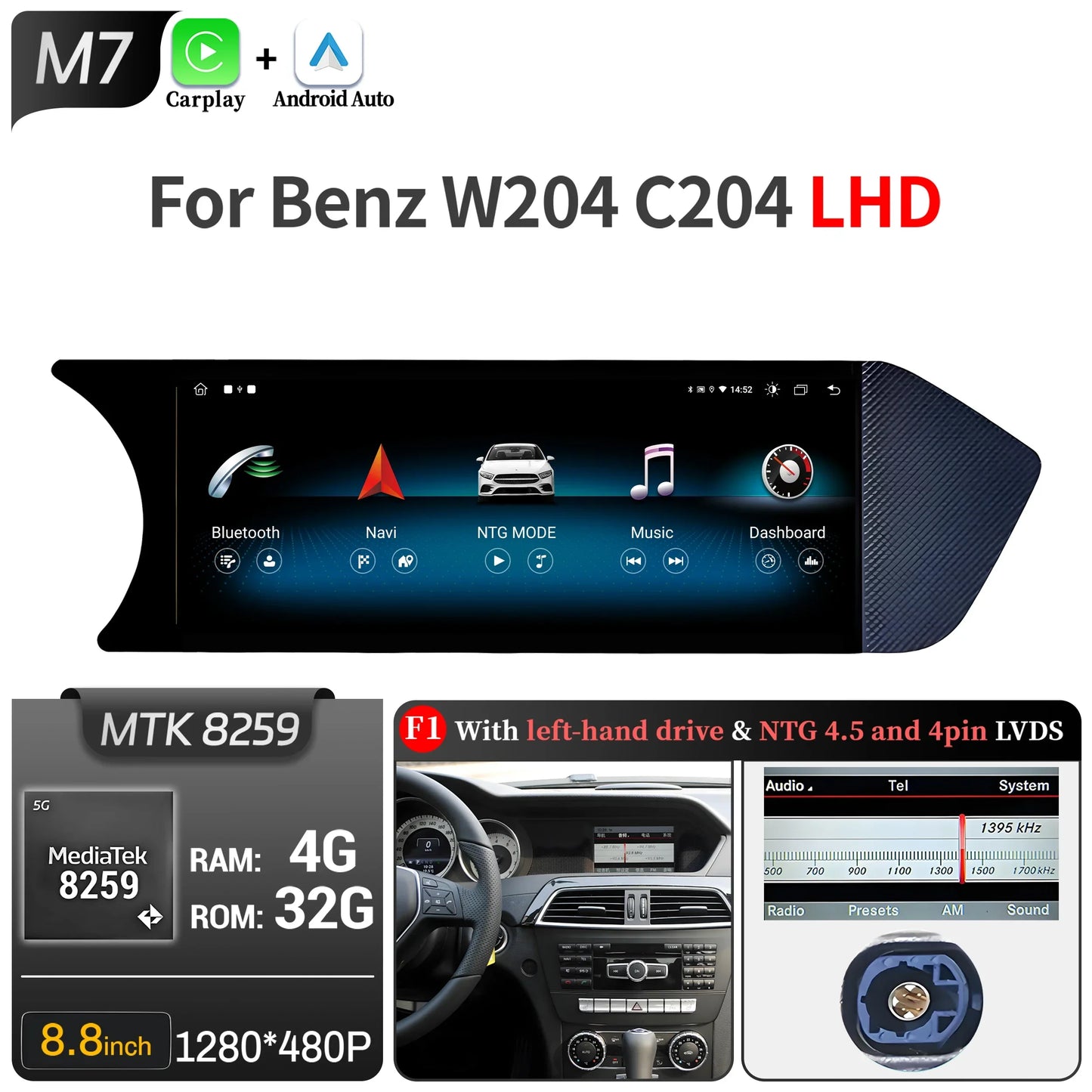 8.8 inch Android 14 For Mercedes Benz C Class W204 S204 2011-2015 Car Radio BT Carplay Qualcomm Snapdragon 680 Head Unit Screen
