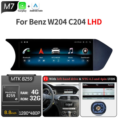 8.8 inch Android 14 For Mercedes Benz C Class W204 S204 2011-2015 Car Radio BT Carplay Qualcomm Snapdragon 680 Head Unit Screen