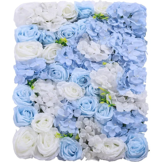 Artificial Flower Wall Panel 4 Pcs White Silk Rose Blue Hydrangea Flower Wall Mat Fake Flower Wall Backdrop for Party