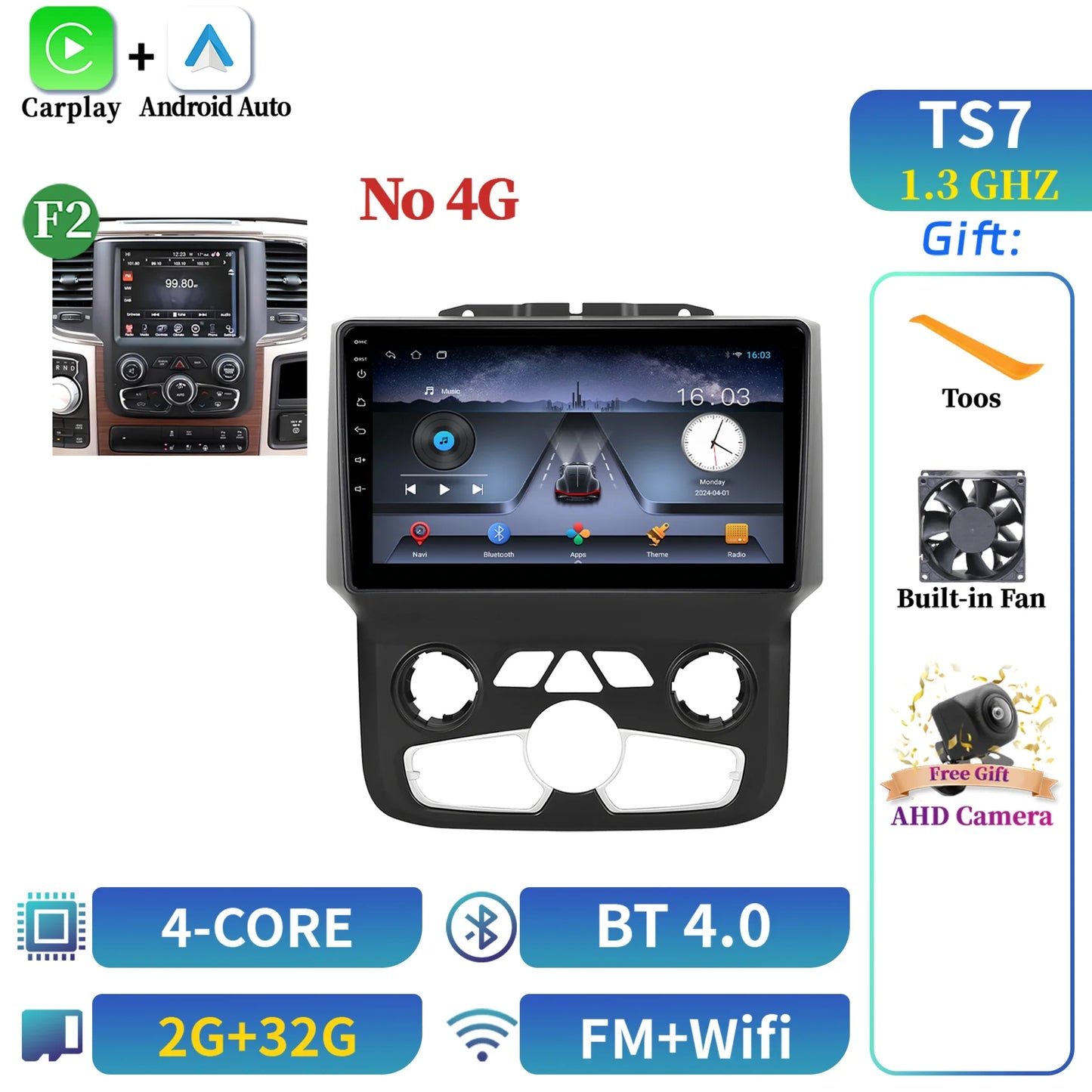 For Dodge RAM 1500 2500 2013-2019 Android 14 Multimedia Navigation Stereo Car Radio Wireless Carplay 2K QLED Head Unit Screen