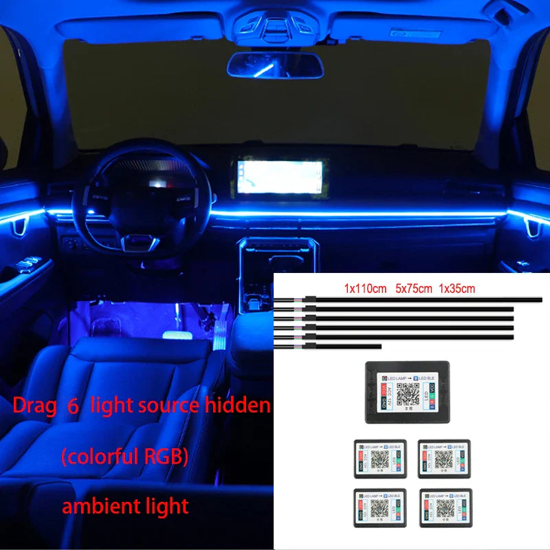 Universal Acrylic Neon LED Car Interior Ambient Lights APP Strip Light Guide Fiber Optic RGB Auto Decoration Atmosphere Lamp