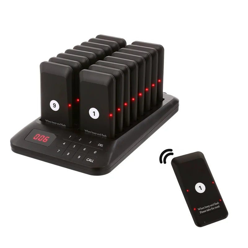 Improve service efficiency with this wireless guest paging system. Includes 16 coaster buzzers with vibration, beep, flash, and LED display, plus 1 keypad transmitter.