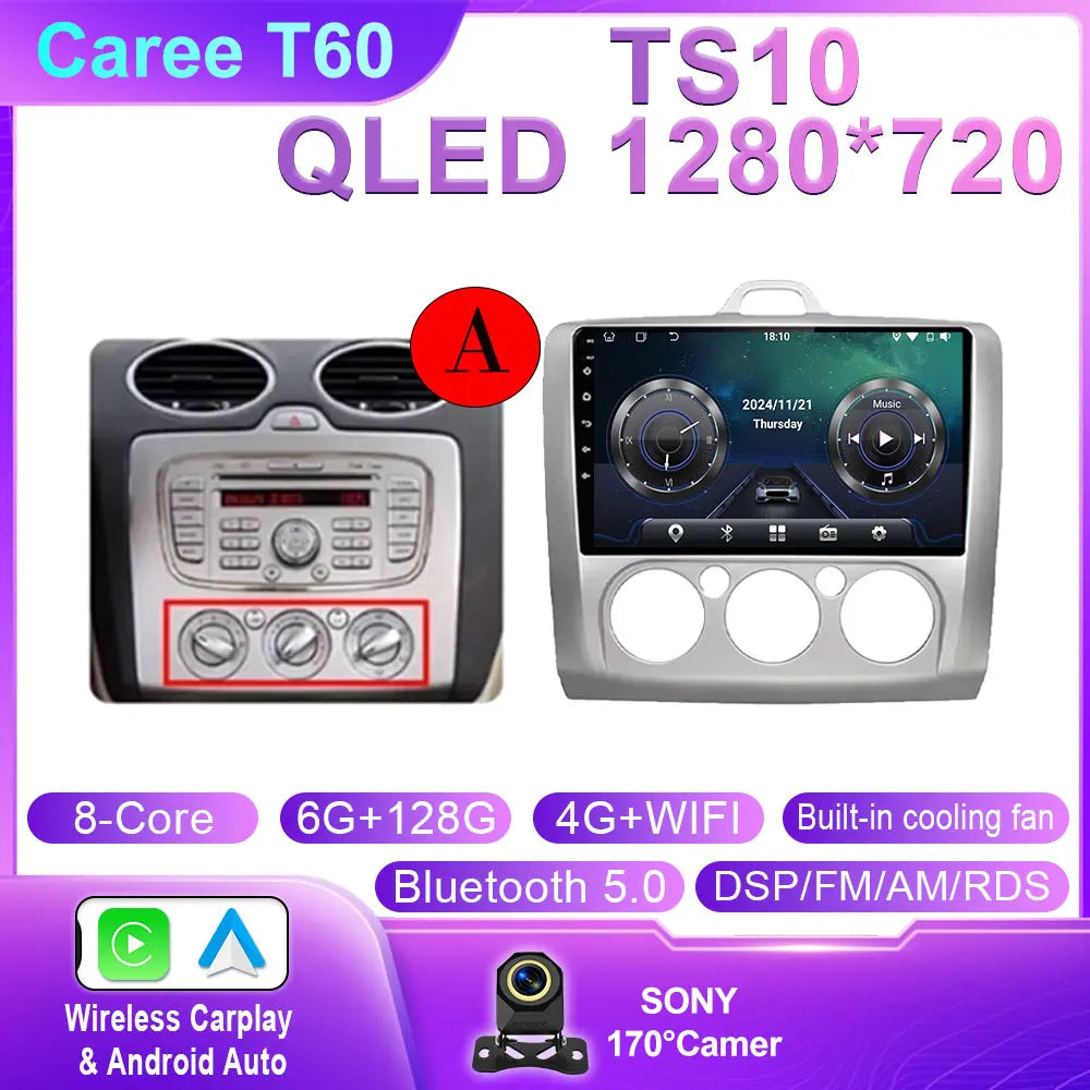 Android 14 Wireless CarPlay Auto For Ford Focus 2 3 Mk2 Mk3 2004-2011 4G+WIFI Car Radio Multimedia Stereo Player GPS 360 Camera