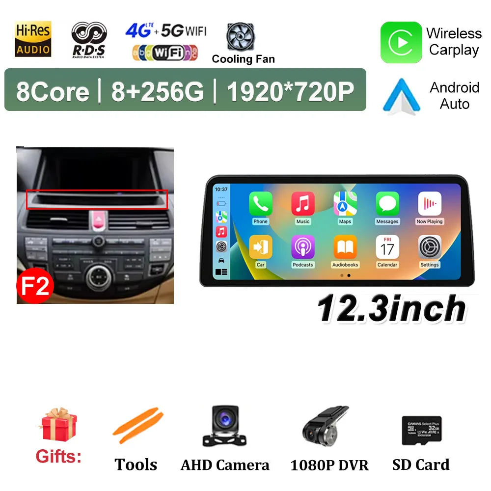 12.3 inch Android 14 for Honda Accord 8 2008 2009 - 2013 Car Multimedia Radio Player Wireless Carplay Monitor GPS Navigation BT