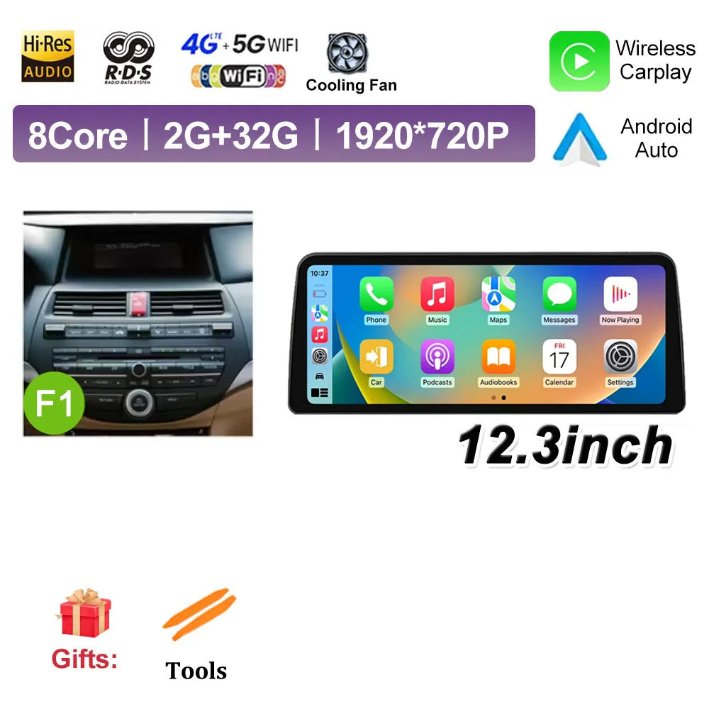 12.3 inch Android 14 for Honda Accord 8 2008 2009 - 2013 Car Multimedia Radio Player Wireless Carplay Monitor GPS Navigation BT