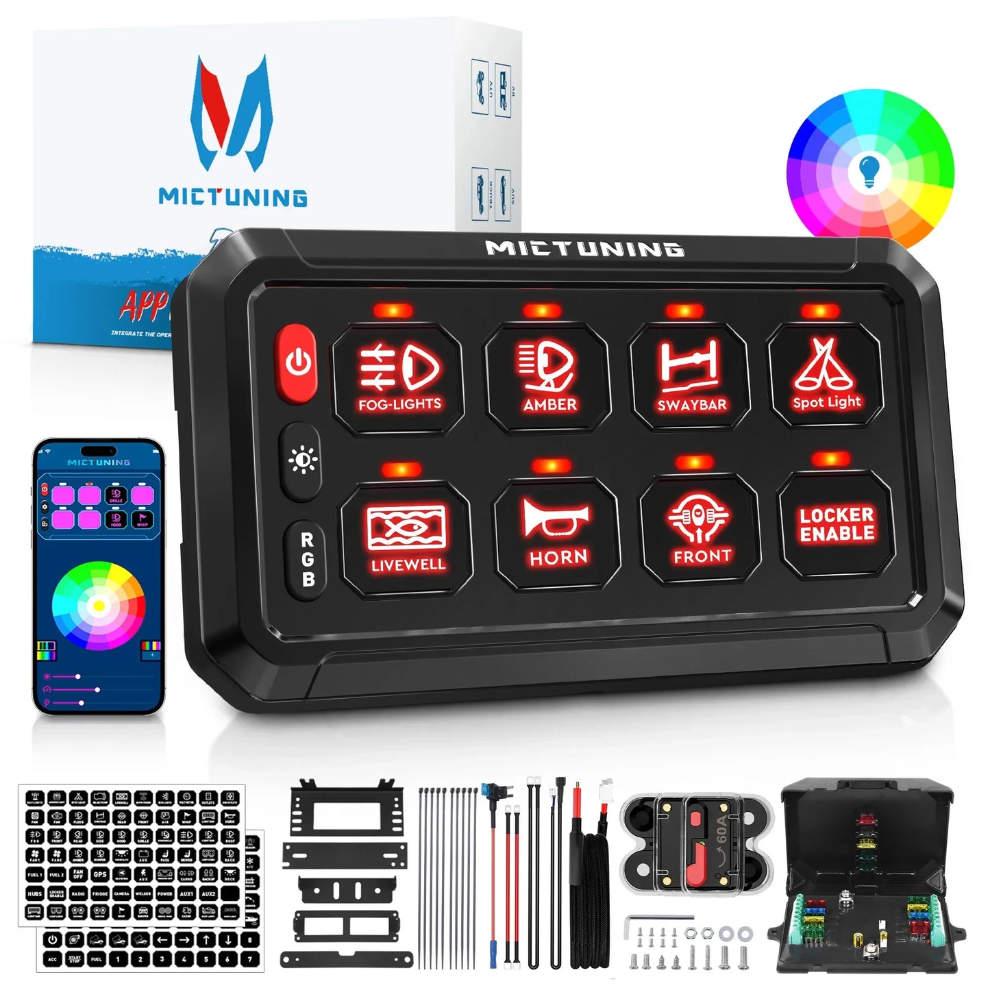 MICTUNING RGB 8 Gang Switch Panel with App Control On/Off Switch Panel Led Light Background Relay System Box For Car ATV/UTV