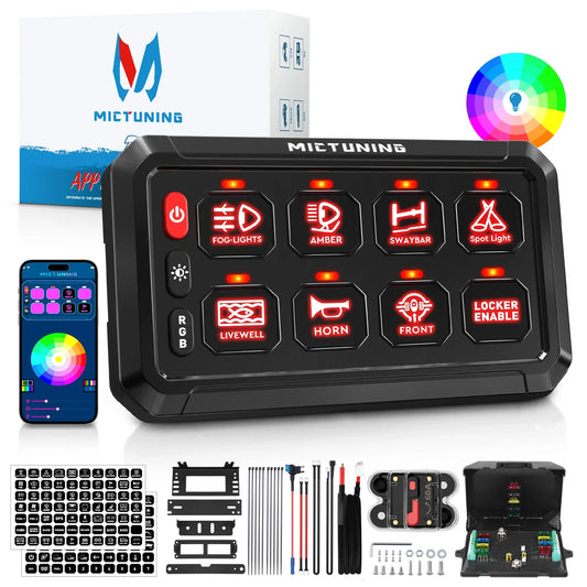 MICTUNING RGB 8 Gang Switch Panel with App Control On/Off Switch Panel Led Light Background Relay System Box For Car ATV/UTV