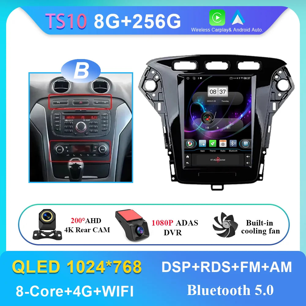 9.7 Inch Android 14 Car Radio Stereo Multimedia Player For Ford Mondeo MK4 2011 - 2013 Auto GPS Navigation wireless carplay DVD