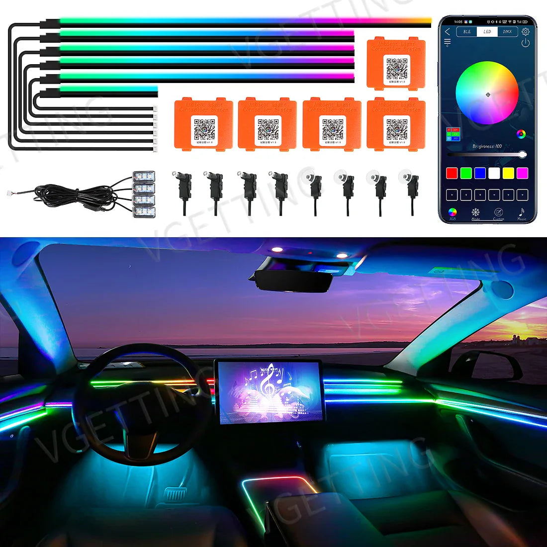 18in1 Car LED Ambient Lights Full Color Streamer Multicolour Interior Acrylic Strip Atmosphere Light APP Control RGB 64 Color