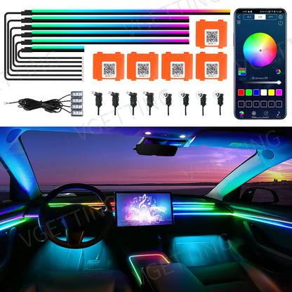 18in1 Car LED Ambient Lights Full Color Streamer Multicolour Interior Acrylic Strip Atmosphere Light APP Control RGB 64 Color